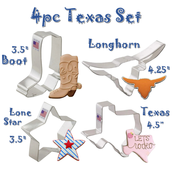 4pc Texas Cookie Cutter Set, Longhorn Shape, Lone Star and Cowboy Boot