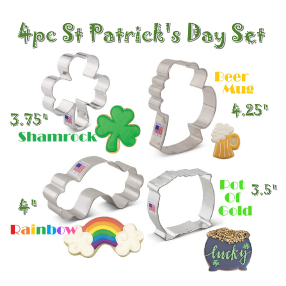 4pc St Patrick's Day Cookie Cutter Set, Shamrock Beer Rainbow and Pot of Gold, Ann Clark