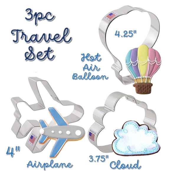 3pc Travel Cookie Cutter Set, Airplane Hot Air Balloon and Cloud Shapes, Ann Clark