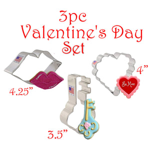 3pc Valentine's Day Cookie Cutters, Kiss Heart and Key, Ann Clark