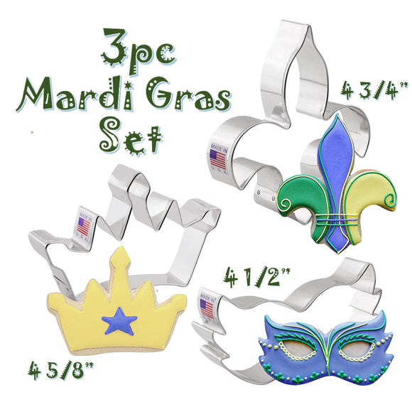 3pc Mardi Gras Cookie Cutter Set, Crown Mask and Fleur De Lis