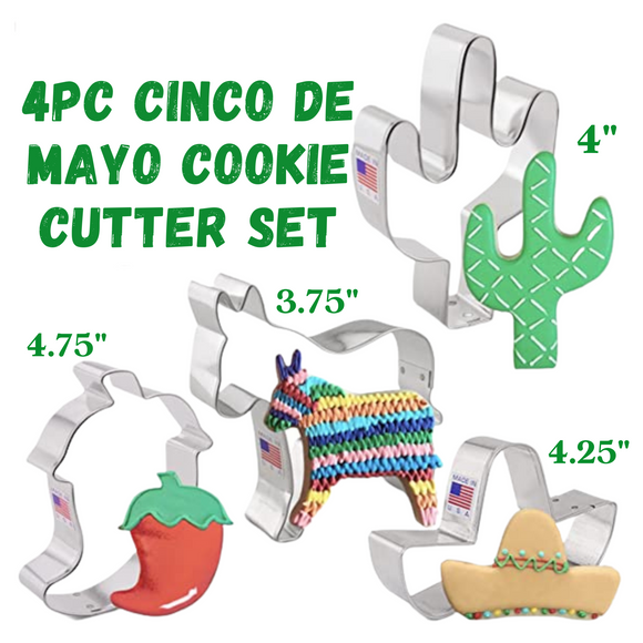 4pc Cinco de Mayo Cookie Cutter Set, Donkey Cactus Sombrero and Chili Pepper