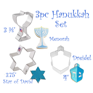 3pc Hanukkah Cookie Cutter Set, Menorah Candle, Dreidel, Star of David, Ann Clark