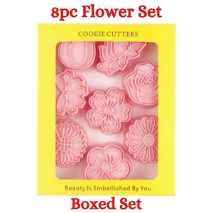 8pc Flower Cookie Cutter Set and Stamps Set