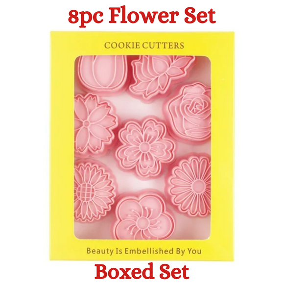 8pc Flower Cookie Cutter Set and Stamps Set