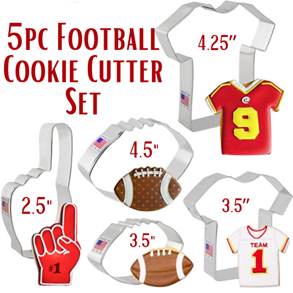 5pc Football Cookie Cutter Set, Fan Hand, Large Football, Small Football, Large Jersey and Small Jersey, Ann Clark