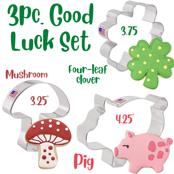 3pc. Good Luck Cookie Cutters Set, Four Leaf Clover, Mushroom, Pig