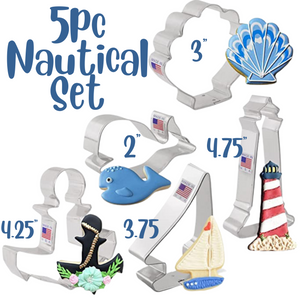 5pc Nautical Cookie Cutter Set, Anchor, Sailboat, Lighthouse, Seashell and Whale by Ann Clark