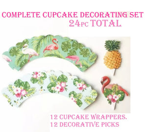 Complete 24pc Tropical Flamingo and Pineapple Cupcake Wrappers and Picks