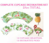 Complete 24pc Tropical Flamingo and Pineapple Cupcake Wrappers and Picks