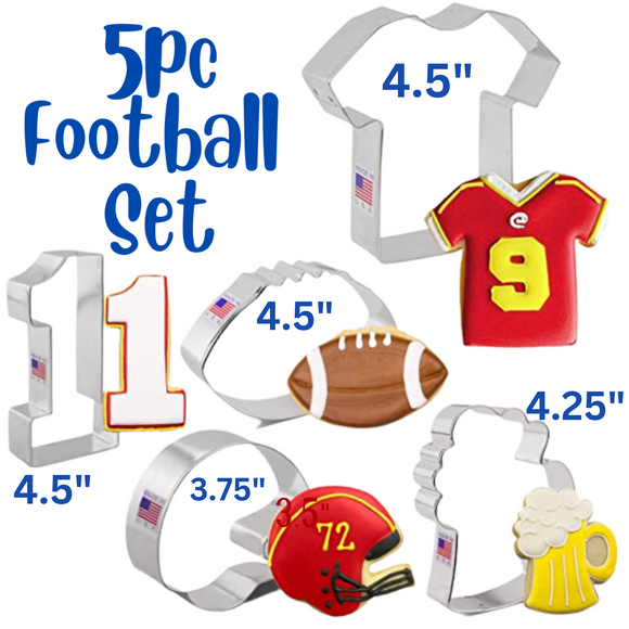 5pc Football Game Cookie Cutter Set, Football Helmet Jersey Beer Mug and Large #1, Ann Clark