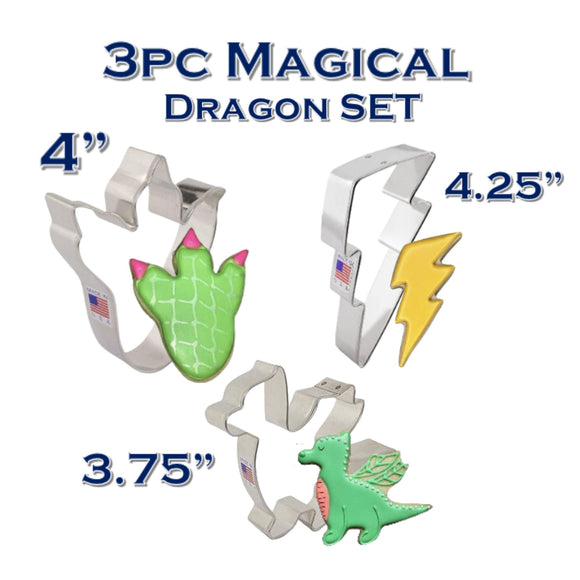 3pc Magical Dragon Cookie Cutter Set, Dragon Tracks and Lightning, Ann Clark