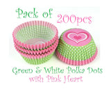 Cute Green and White Polka Dots Cupcake Liners with Pink Hearts, Pack of 100 Standard Paper Cake Cups for Muffins and Baking