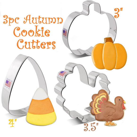 ann clark fall cookie cutter set includes pumpkin, turkey, candy corn