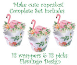 Complete 24pc Tropical Flamingo Cupcake Wrappers and Picks