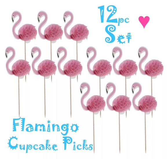 Pink Flamingo Paper Cupcake Cake Picks, Pink Honeycomb Flamingo Cake Decorations