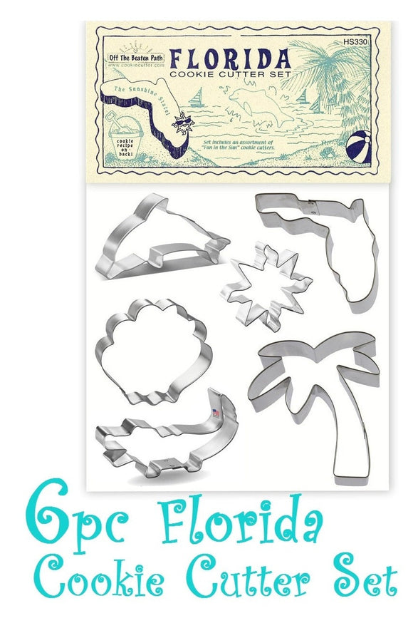 6pc Florida Cookie Cutter Set, Florida, Alligator, Sun, Palm Tree, Dolphin, Shell