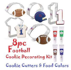 football cookie decorating kit with cookie cutters and food color gel