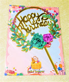 Golden Happy Birthday Cake Topper with Roses, Acrylic Birthday Cake Decoration, FREE USA SHiPPiNG -