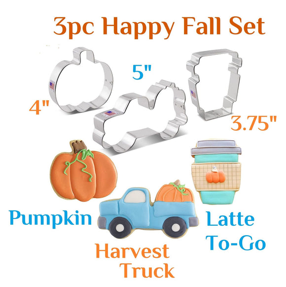 fall cookie cutter set with latte coffee, harvest truck, and pumpkin