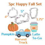 fall cookie cutter set with latte coffee, harvest truck, and pumpkin