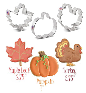 fall cookie cutter set includes maple leaf, turkey and pumpkin