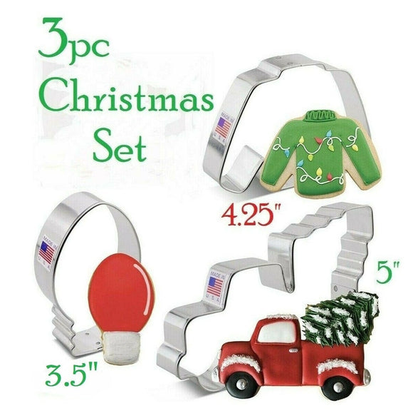 Ann Clark Christmas cookie cutters include truck with tree, light bulb, ugly sweater