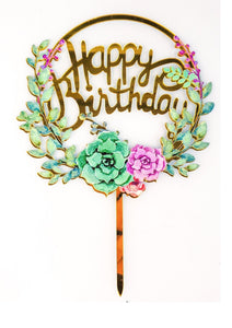 Happy birthday cake topper with succulents