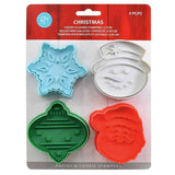 4 Christmas Cookie Cutters and Stamper Set, Holiday Baking, Snowflake Snowman Ornament Santa Claus