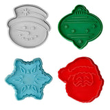 4 Christmas Cookie Cutters and Stamper Set, Holiday Baking, Snowflake Snowman Ornament Santa Claus