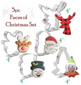 5pc Faces of Christmas Cookie Cutter Set, Ann Clark - Santa Elf Reindeer Deer Snowman