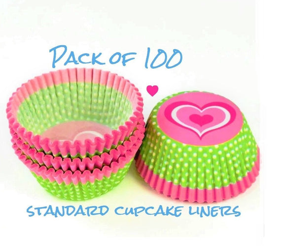 Cute Green and White Polka Dots Cupcake Liners with Pink Hearts, Pack of 100 Standard Paper Cake Cups for Muffins and Baking