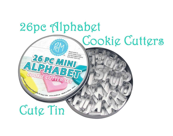 Mini alphabet cookie cutter set in a gift tin