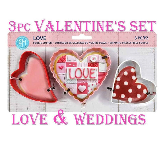 Valentine's Day 3pc Cookie Cutter Set, Color Coated Cookie Cutters, Love and Wedding Shapes