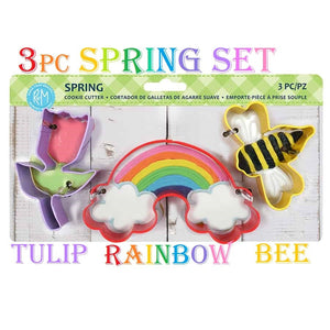 Spring 3 pc Colorful Cookie Cutter Carded Set, Tulip, rainbow, and Bee Cookie Cutters